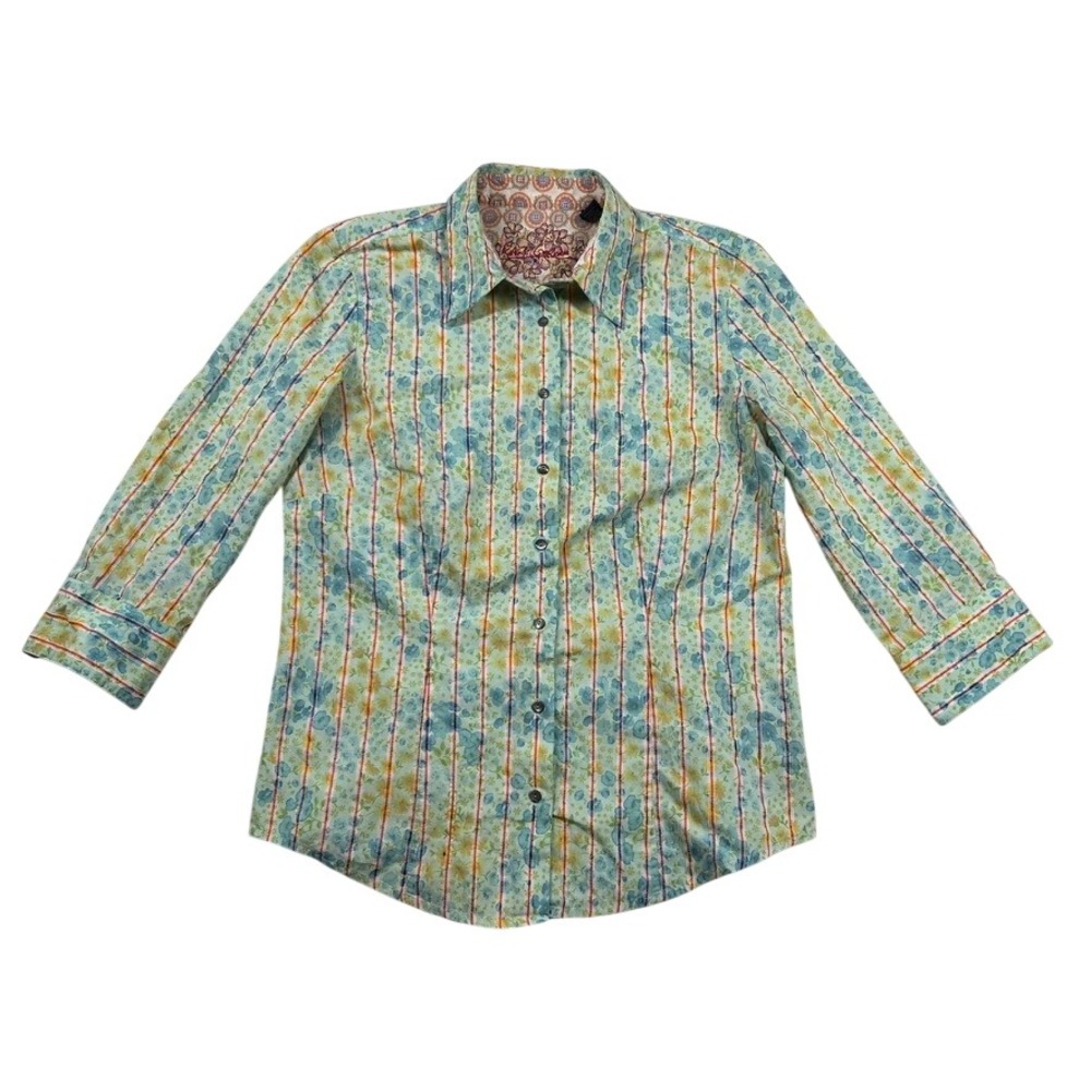 Robert Graham Shirt Womens L Floral 3/4 Sleeve Flip Cuff Stripe Button Cotton